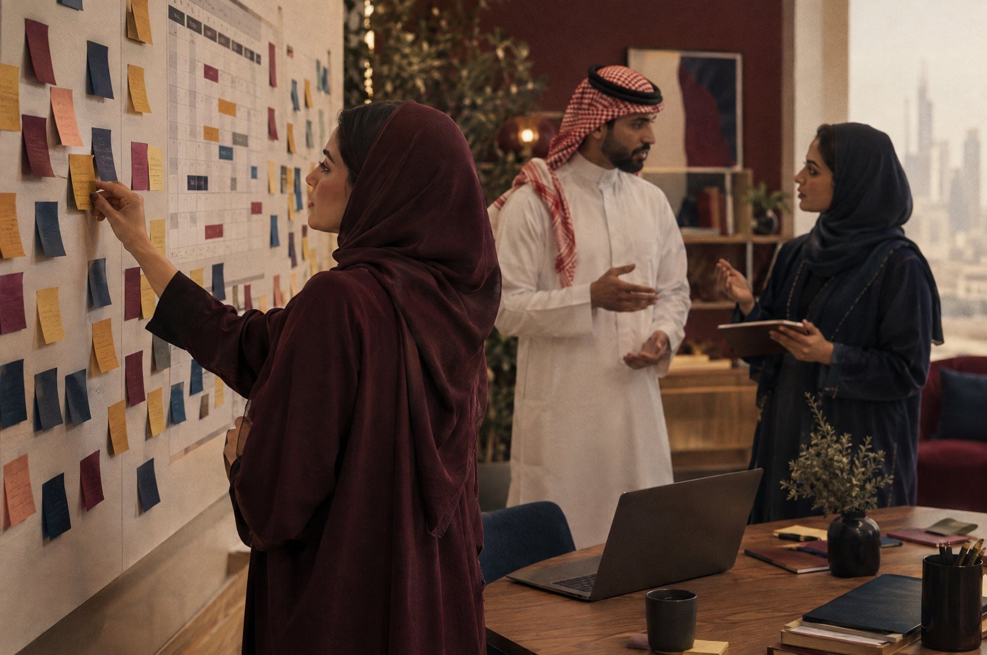Marketing team planning campaign content on a wall of sticky notes and a content calendar