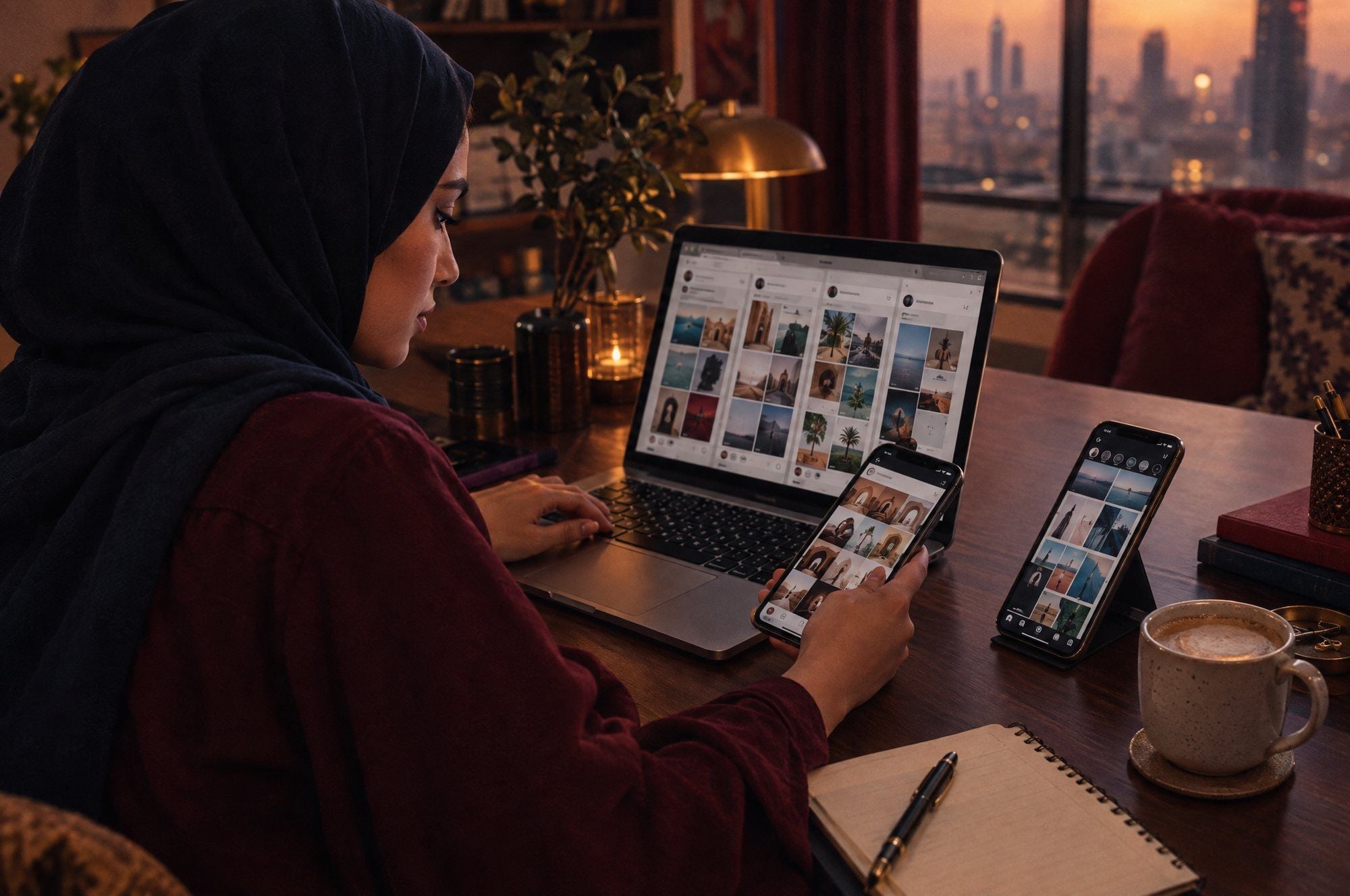 Marketer managing several social media accounts on a laptop and two phones at a desk