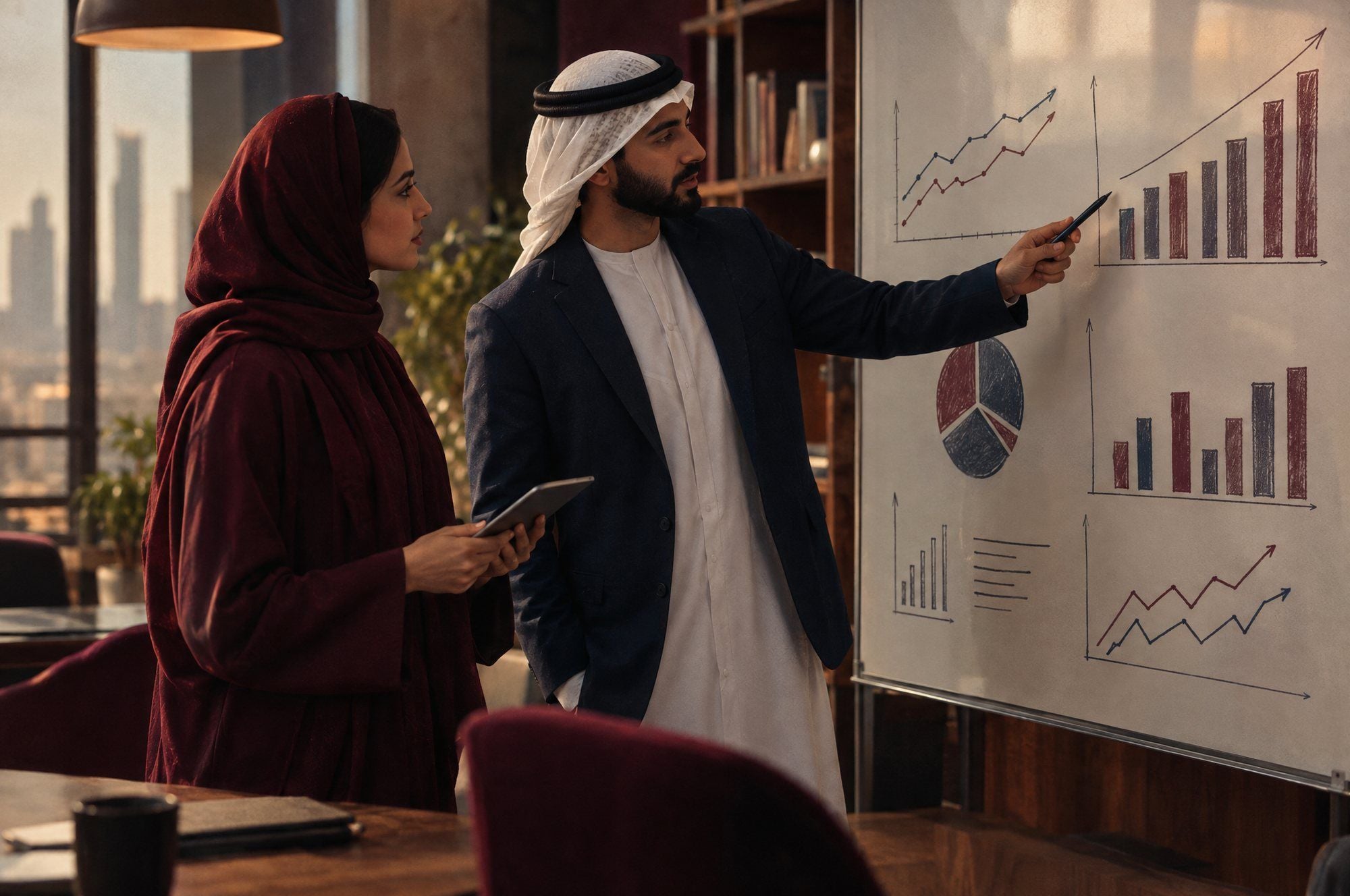 Two marketers comparing performance charts for different campaigns on a whiteboard