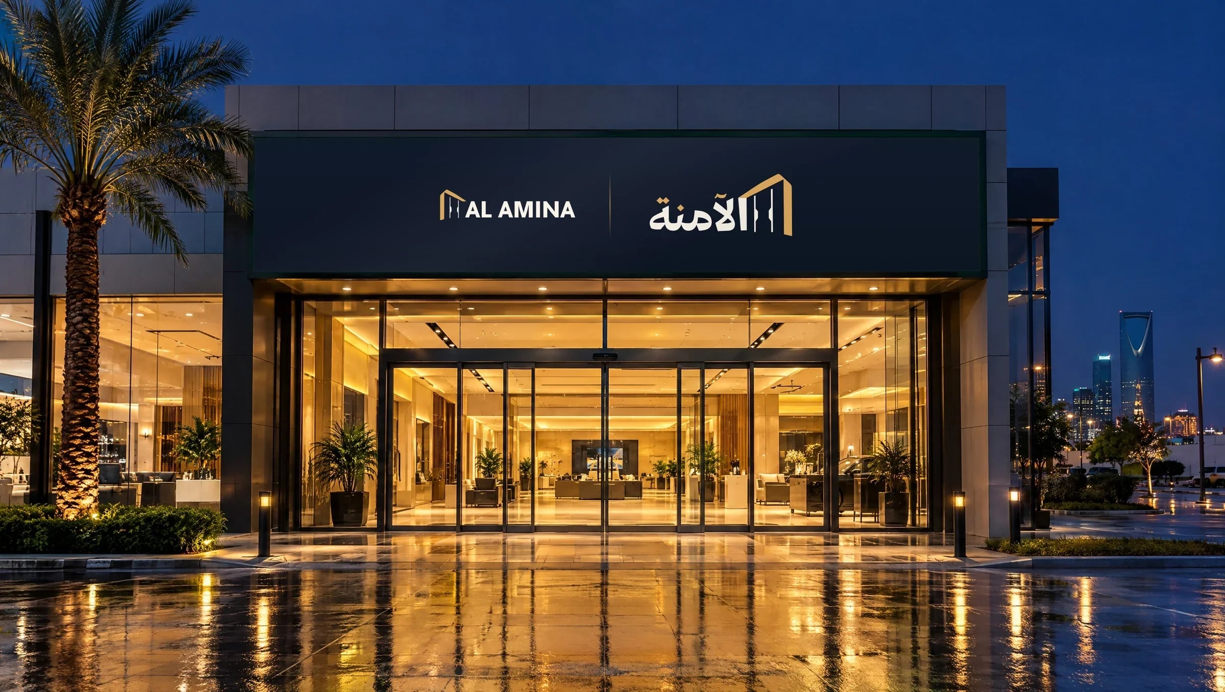 The Alamina logo in Arabic and English on a storefront sign above glowing automatic doors at night