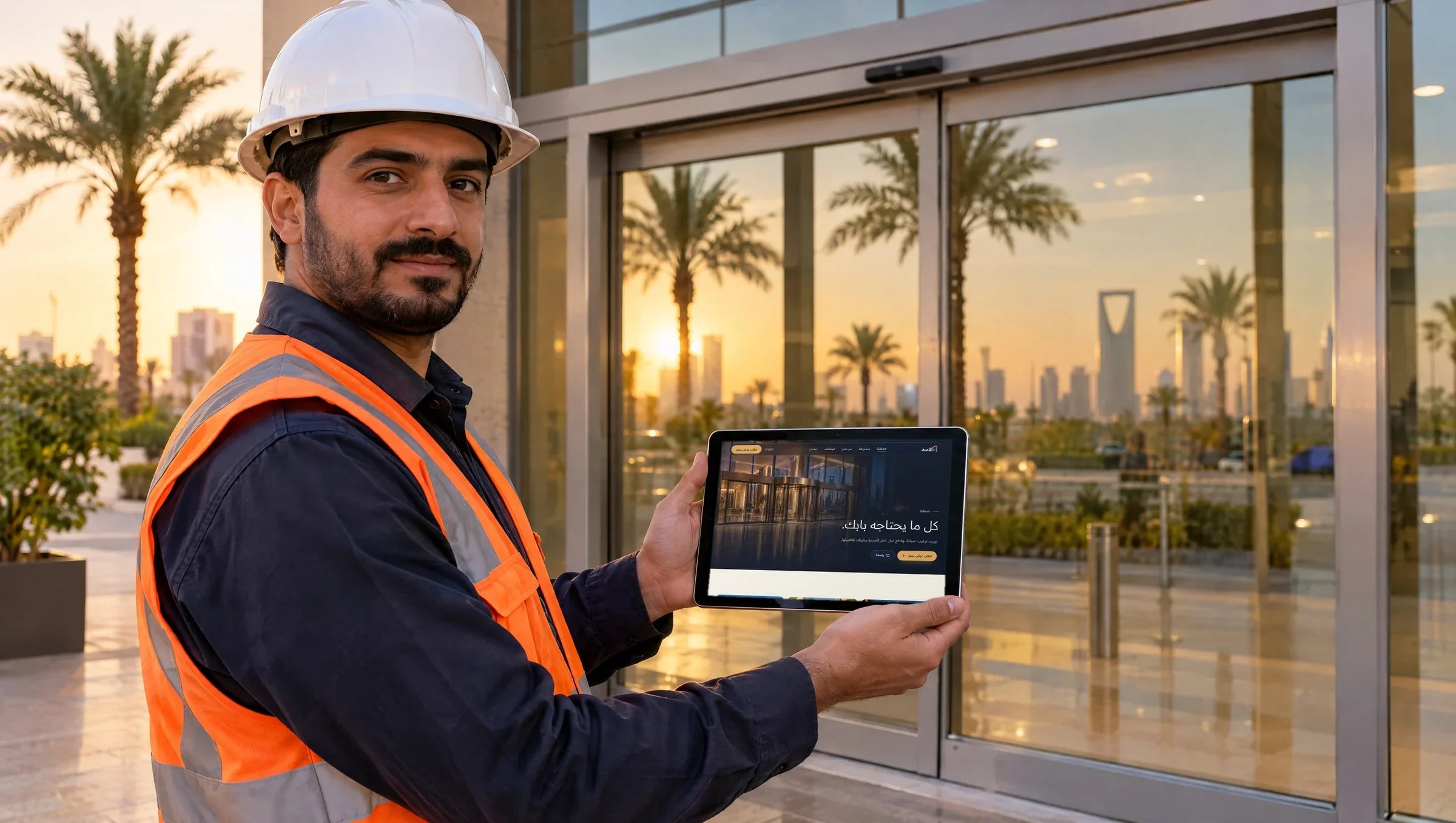 A technician holding a tablet with the services page beside a new automatic door
