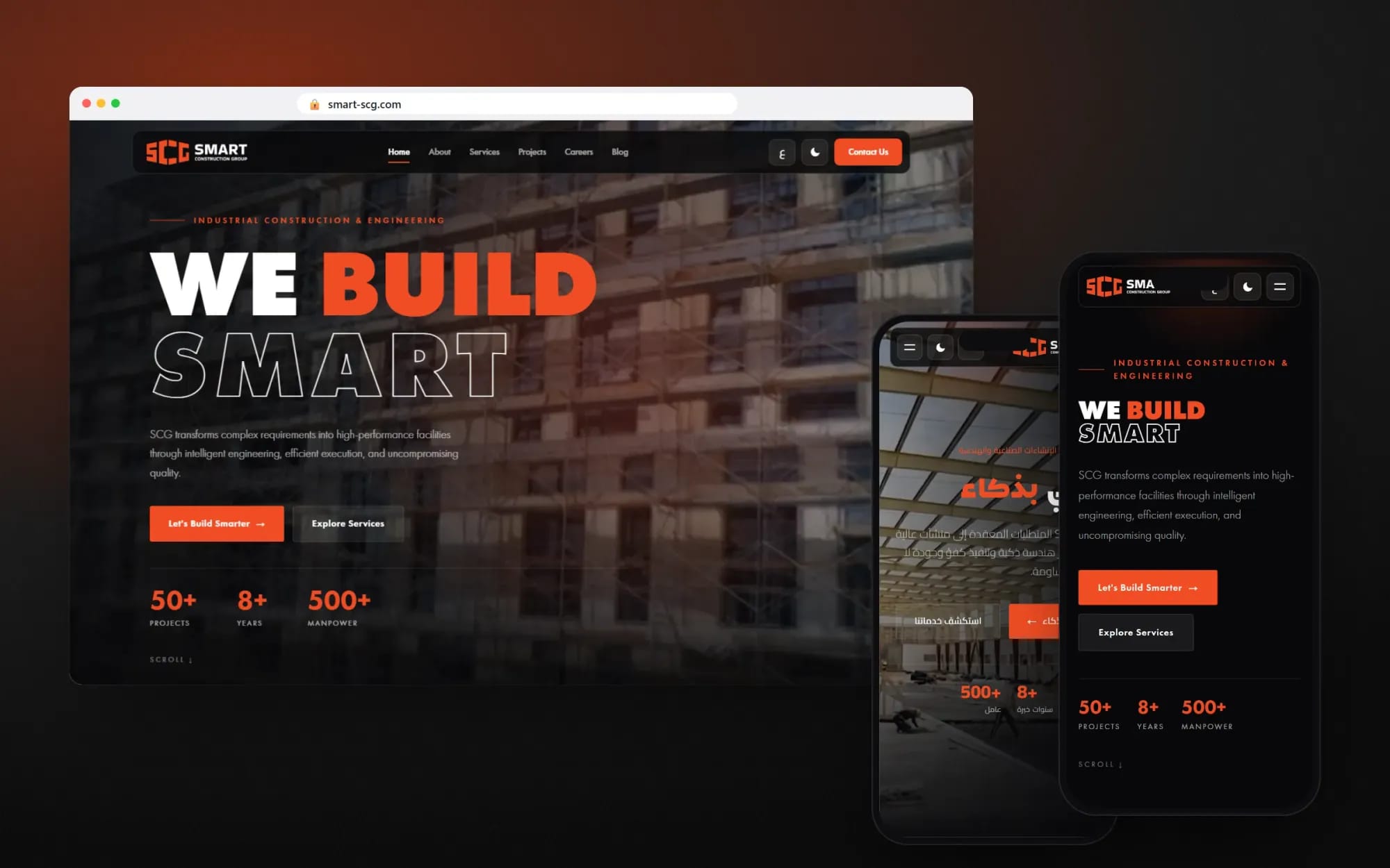The Smart Construction Group home page in a browser, in English and Arabic on two phones
