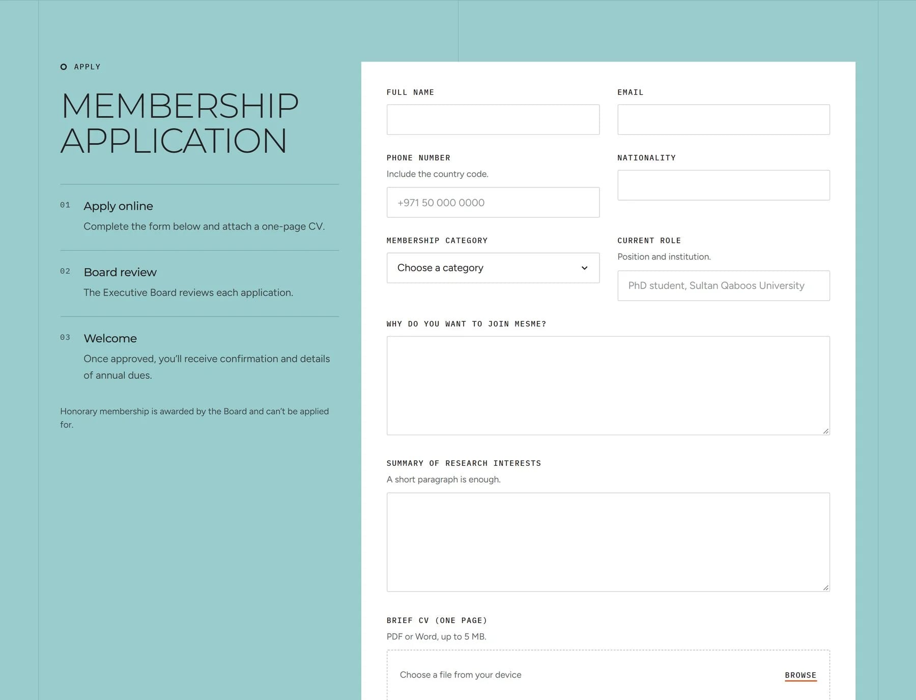 The membership application form