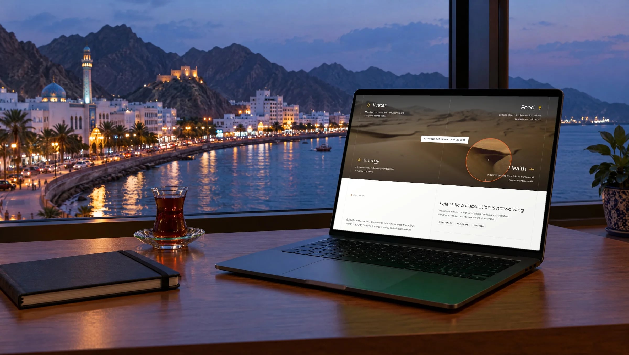 The microscope lens on a laptop by the Muscat corniche at dusk