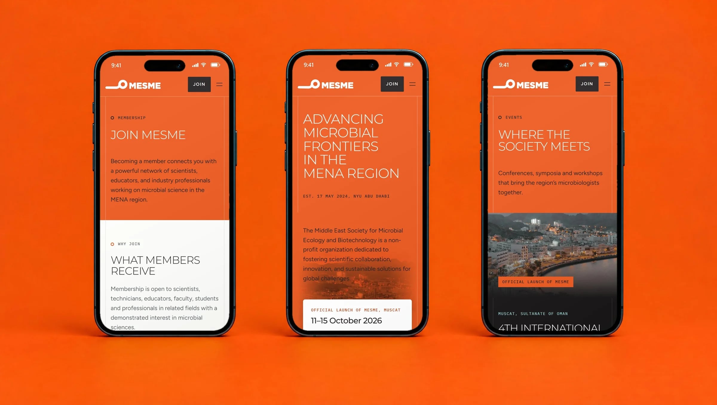 Three phones showing the MEsME membership, home and events pages on an orange backdrop