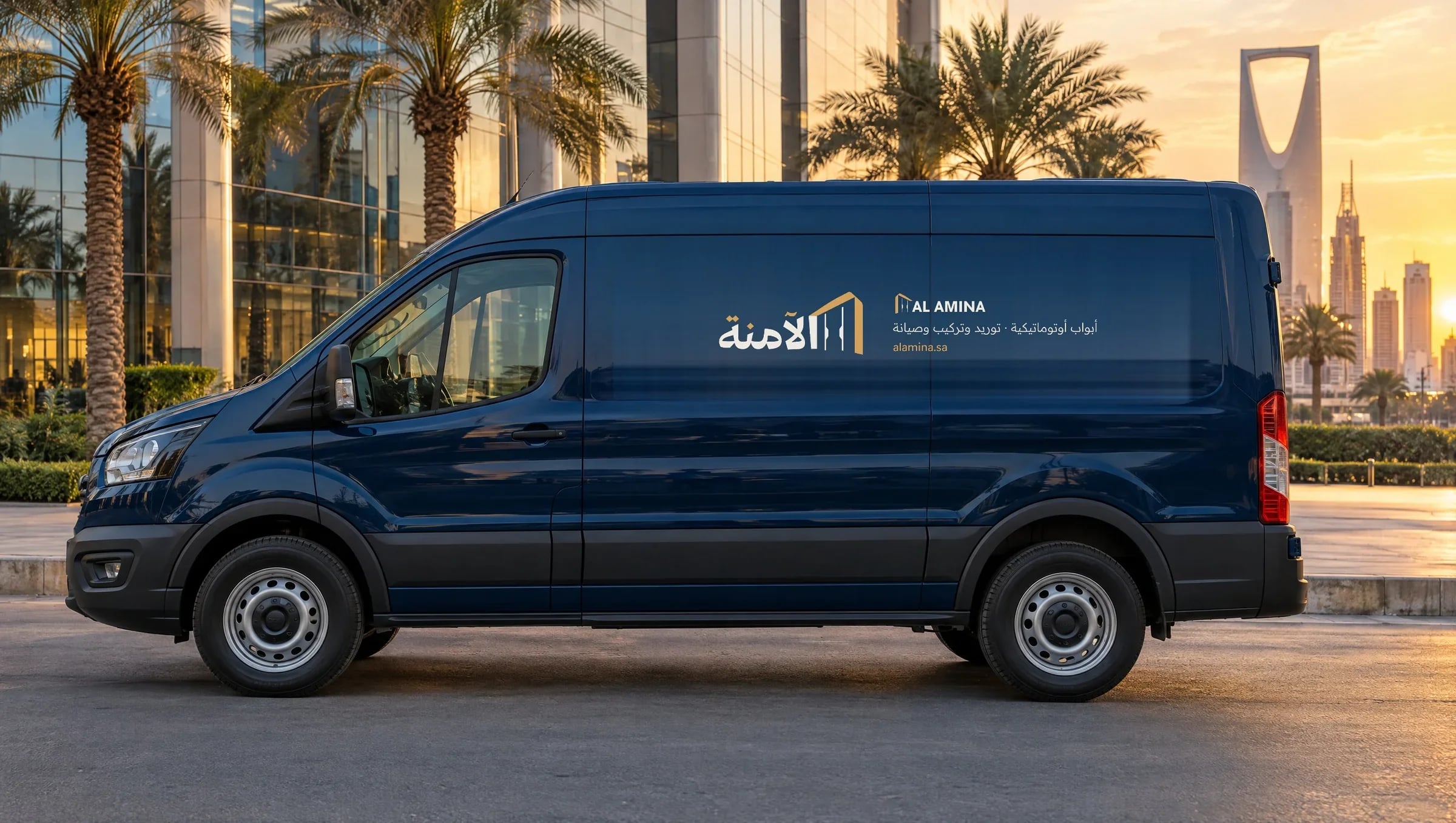 A navy service van with the Alamina logo, its Arabic line and alamina.sa on the side, in Riyadh at sunset